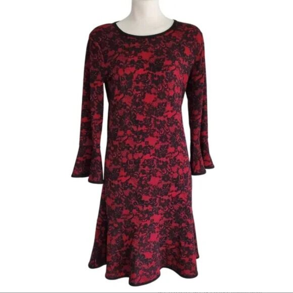 MICHAEL by Michael Kors Lace Print Bell-Sleeve Dress Dark Romantic Size S - Picture 2 of 15
